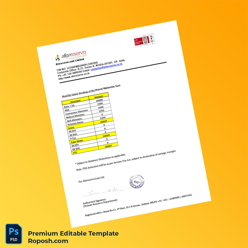 Customizable India Aforeserve com Limited Employment Verification Letter Word & PDF Template 4 page Customizable India Aforeserve com Limited Employment Verification Letter Word & PDF Template 4 page