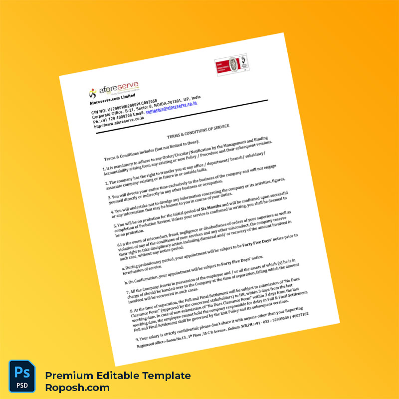 Customizable India Aforeserve com Limited Employment Verification Letter Word & PDF Template 4 page Customizable India Aforeserve com Limited Employment Verification Letter Word & PDF Template 4 page