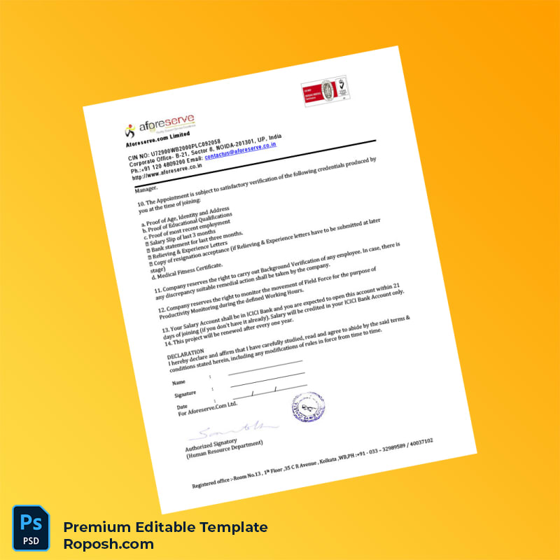 Customizable India Aforeserve com Limited Employment Verification Letter Word & PDF Template 4 page Customizable India Aforeserve com Limited Employment Verification Letter Word & PDF Template 4 page