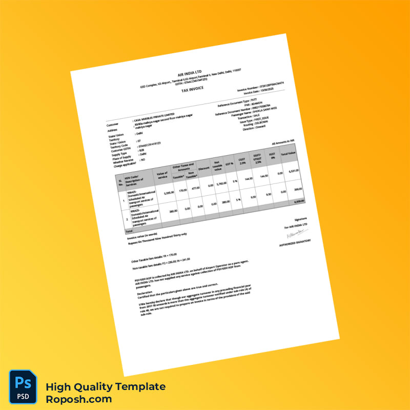 India Air India Ltd Tax Invoice Template in Word and PDF formats India Air India Ltd Tax Invoice Template in Word and PDF formats