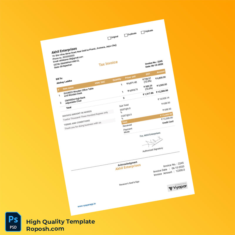 India Akhil Enterprises Tax Invoice Template in Word and PDF formats India Akhil Enterprises Tax Invoice Template in Word and PDF formats