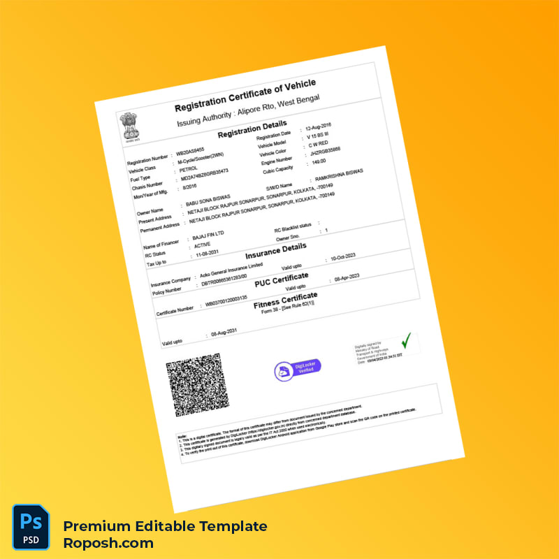 Customizable India Alipore Rto West Bengal Registration Certificate Editable Word & PDF Template Customizable India Alipore Rto West Bengal Registration Certificate Editable Word & PDF Template
