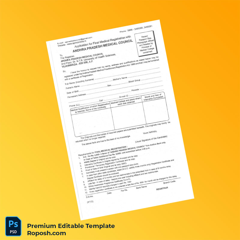 Customizable India Andhra Pradesh Medical Council Application Form for Final Registration Editable Word & PDF Template 2 page Customizable India Andhra Pradesh Medical Council Application Form for Final Registration Editable Word & PDF Template 2 page