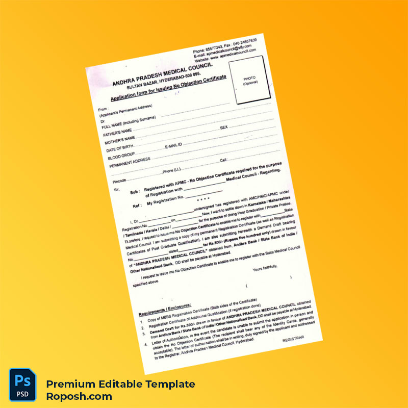 Customizable India Andhra Pradesh Medical Council No Objection Certificate Application Editable Word & PDF Template Customizable India Andhra Pradesh Medical Council No Objection Certificate Application Editable Word & PDF Template