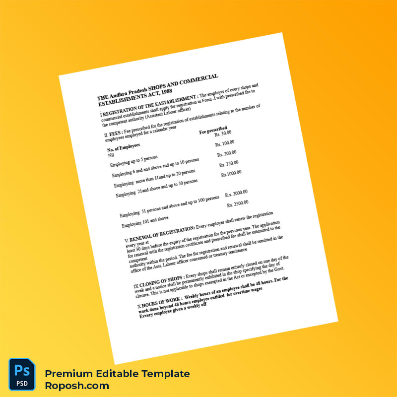 Customizable India Andhra Pradesh Shops and Establishment Act Registration Certificate Editable Word & PDF Template 3 page Customizable India Andhra Pradesh Shops and Establishment Act Registration Certificate Editable Word & PDF Template 3 page