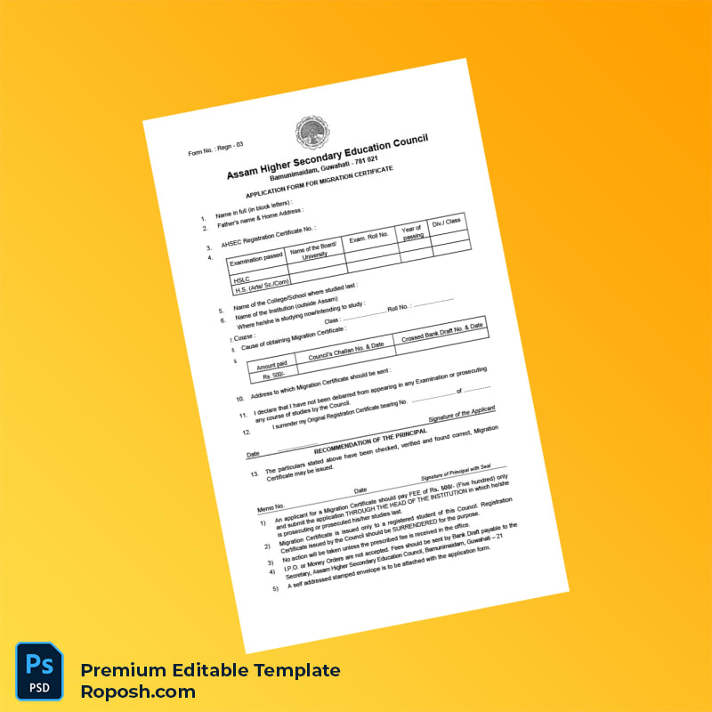 Customizable India Assam Higher Secondary Education Council Migration Certificate Editable Word & PDF Template Customizable India Assam Higher Secondary Education Council Migration Certificate Editable Word & PDF Template