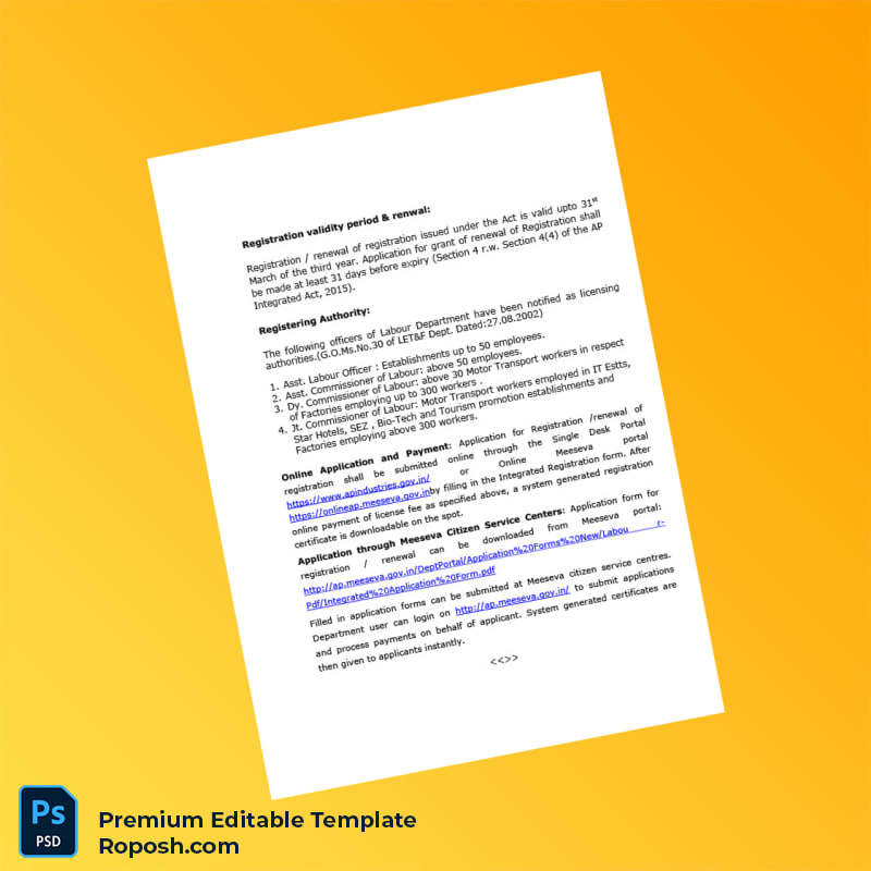 Customizable India Assistant Labour Commissioner Registration Certificate Editable Word & PDF Template 2 page Customizable India Assistant Labour Commissioner Registration Certificate Editable Word & PDF Template 2 page