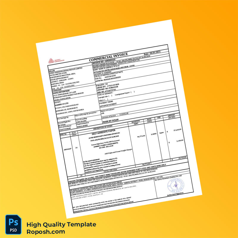 India Avery Dennisien India Private Limited Commercial Invoice Template in Word and PDF formats India Avery Dennisien India Private Limited Commercial Invoice Template in Word and PDF formats