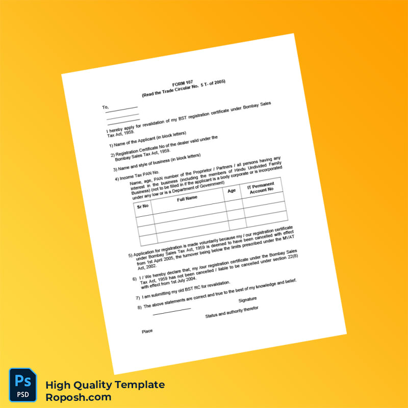 India BST Registration Revalidation Form Template in Word and PDF formats 2 page India BST Registration Revalidation Form Template in Word and PDF formats 2 page
