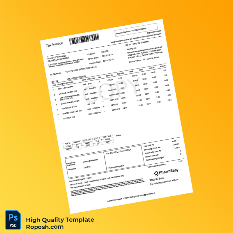 India Be Well Pharmacy Tax Invoice Template in Word and PDF formats India Be Well Pharmacy Tax Invoice Template in Word and PDF formats