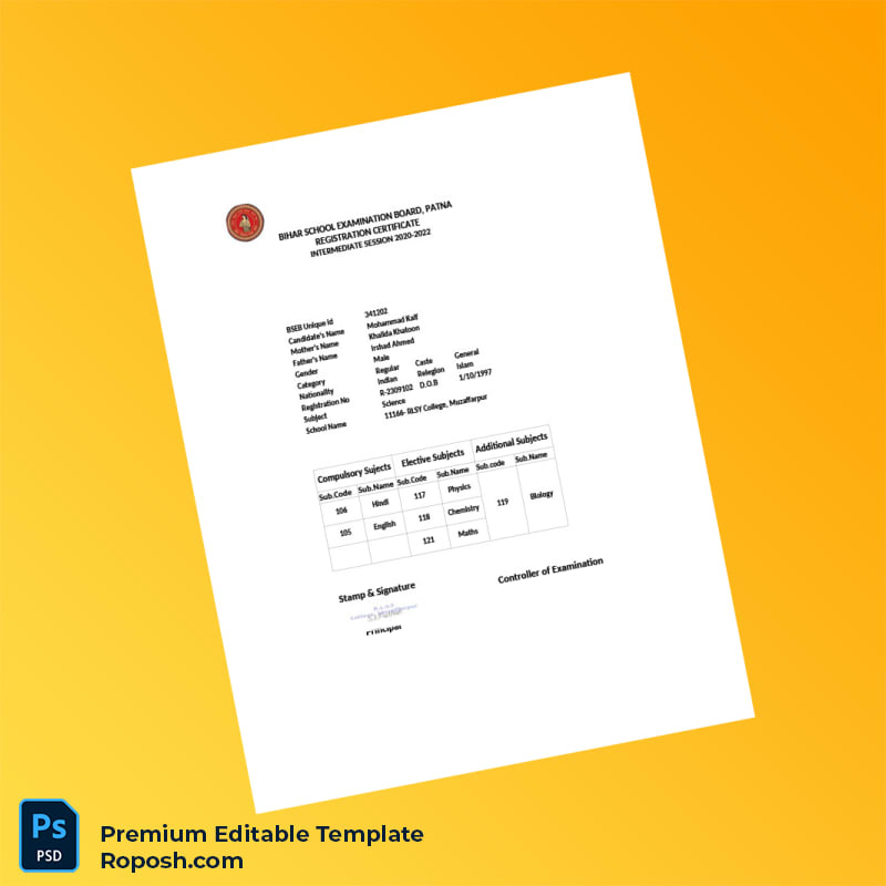 Customizable India Bihar School Examination Board Registration Certificate Editable Word & PDF Template Customizable India Bihar School Examination Board Registration Certificate Editable Word & PDF Template
