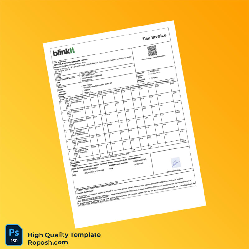 India BlinkIt Commerce Private Limited Invoice Template in Word and PDF formats 3 page India BlinkIt Commerce Private Limited Invoice Template in Word and PDF formats 3 page