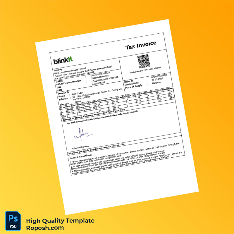 India BlinkIt Commerce Private Limited Invoice Template in Word and PDF formats 3 page India BlinkIt Commerce Private Limited Invoice Template in Word and PDF formats 3 page