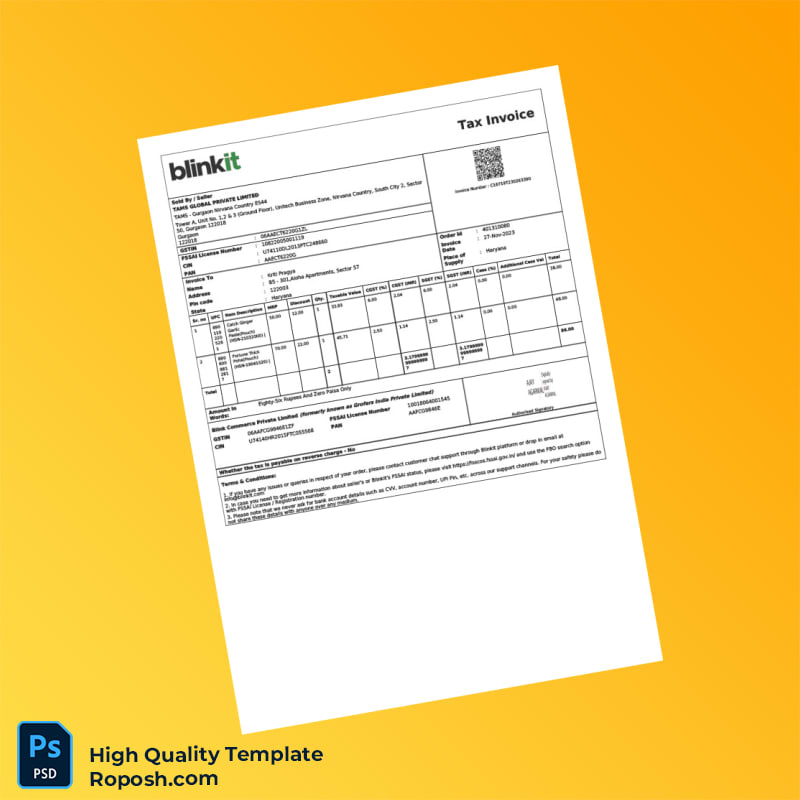 India BlinkIt Commerce Private Limited Invoice Template in Word and PDF formats 3 page India BlinkIt Commerce Private Limited Invoice Template in Word and PDF formats 3 page