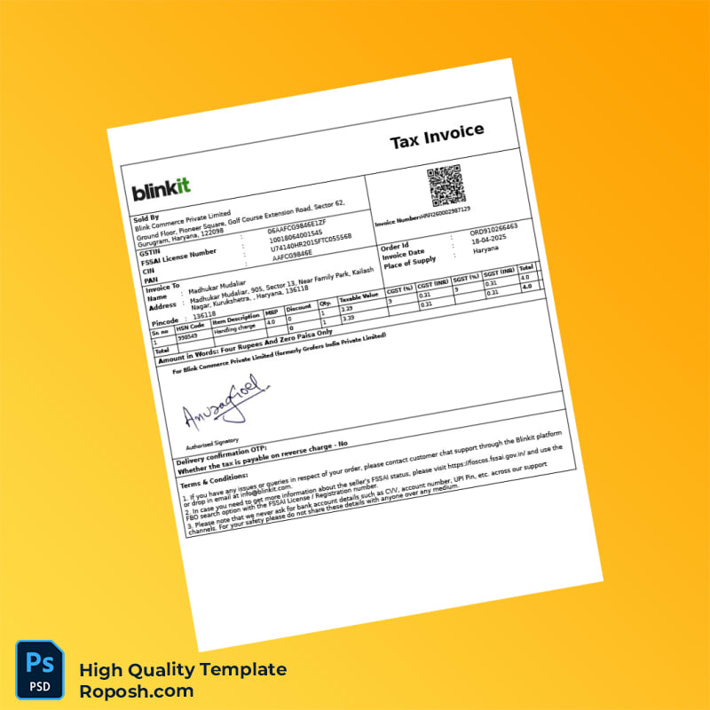 India Blinkit Tax Invoice Template in Word and PDF formats 3 page India Blinkit Tax Invoice Template in Word and PDF formats 3 page