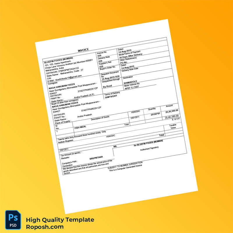 India Bluefin Foods Invoice Template in Word and PDF formats India Bluefin Foods Invoice Template in Word and PDF formats