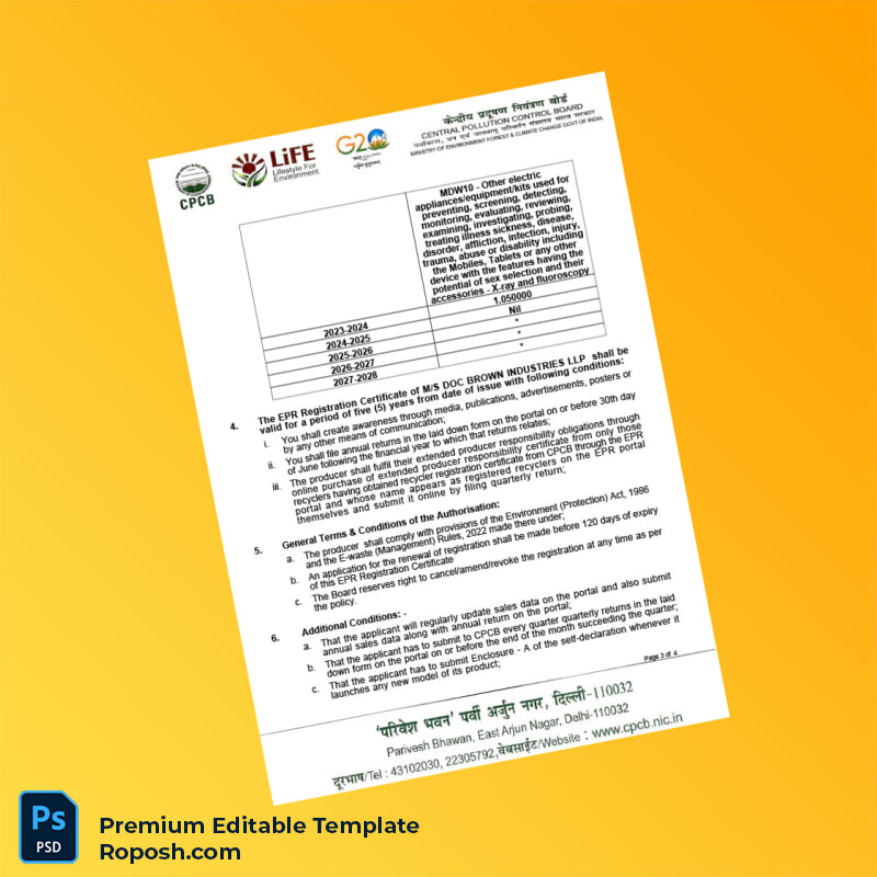 Customizable India CPCB EPR Registration Certificate Editable Word & PDF Template 4 page Customizable India CPCB EPR Registration Certificate Editable Word & PDF Template 4 page