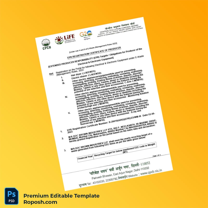 Customizable India CPCB EPR Registration Certificate Editable Word & PDF Template 4 page Customizable India CPCB EPR Registration Certificate Editable Word & PDF Template 4 page