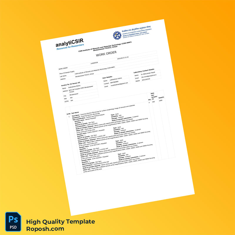 India CSIR-Institute of Minerals and Materials Technology Work Order Template in Word and PDF formats 2 page India CSIR-Institute of Minerals and Materials Technology Work Order Template in Word and PDF formats 2 page