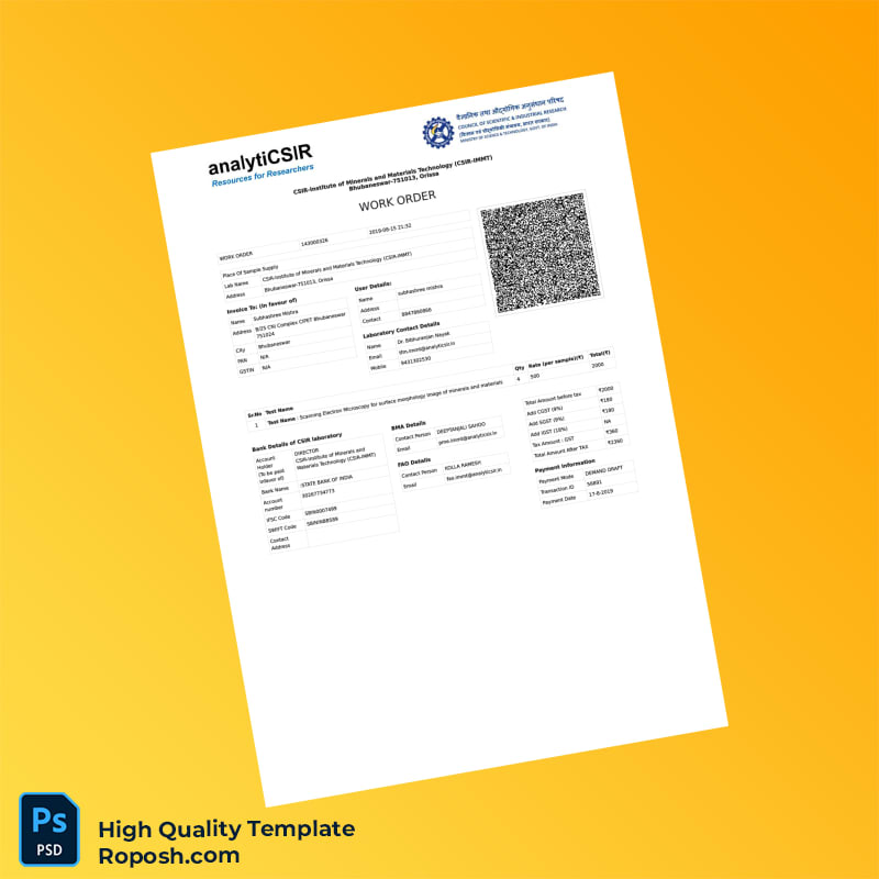 India CSIR-Institute of Minerals and Materials Technology Work Order Template in Word and PDF formats 2 page India CSIR-Institute of Minerals and Materials Technology Work Order Template in Word and PDF formats 2 page