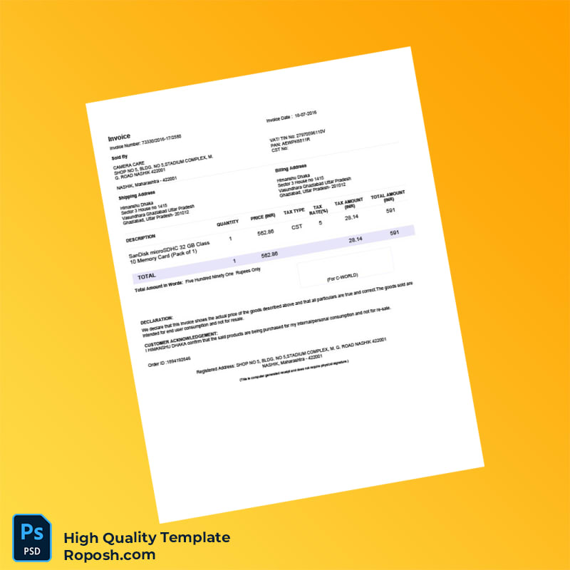 India Camera Care Invoice Template in Word and PDF formats 2 page India Camera Care Invoice Template in Word and PDF formats 2 page