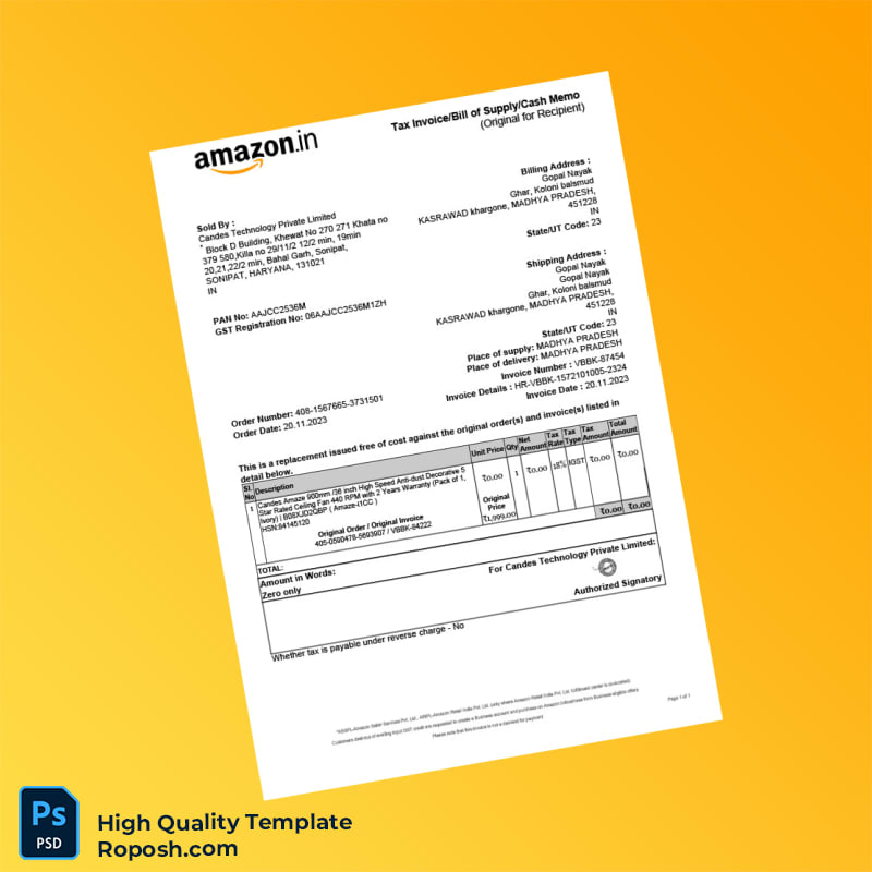 India Candes Technology Private Limited Invoice Template in Word and PDF formats India Candes Technology Private Limited Invoice Template in Word and PDF formats