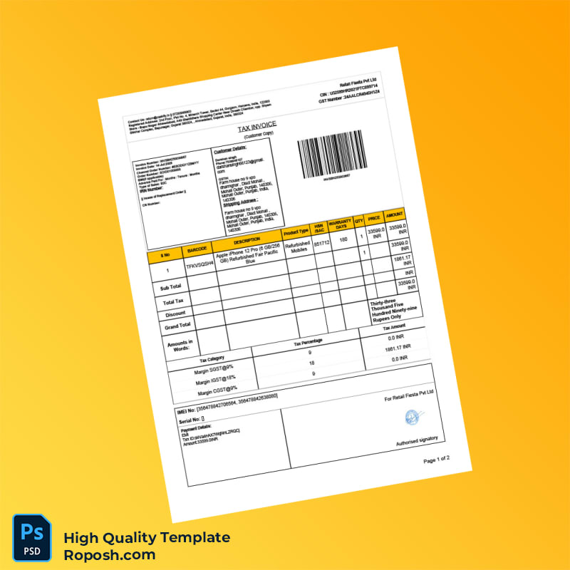India Cashify Tax Invoice Template in Word and PDF formats 2 page India Cashify Tax Invoice Template in Word and PDF formats 2 page