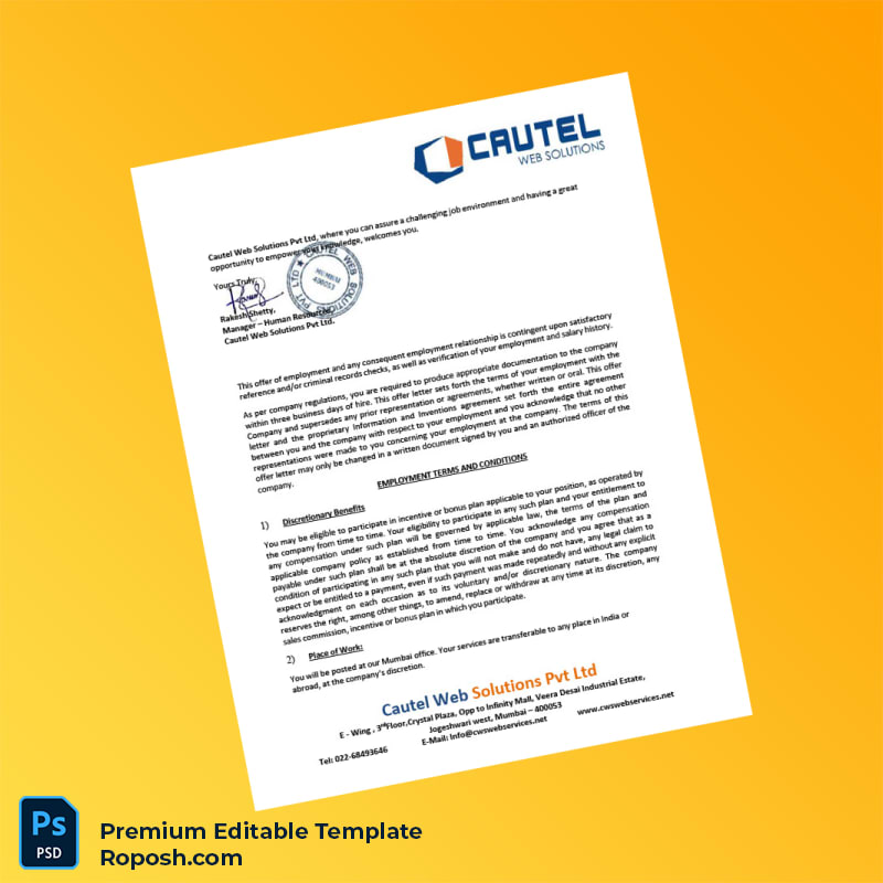 Customizable India Cautel Web Solutions Pvt Ltd Employment Verification Letter Word & PDF Template 5 page Customizable India Cautel Web Solutions Pvt Ltd Employment Verification Letter Word & PDF Template 5 page