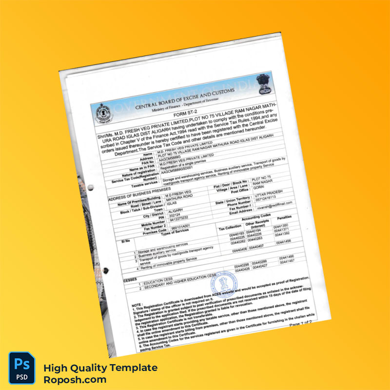 India Central Board of Excise and Customs Business Registration Certificate Template in Word and PDF formats India Central Board of Excise and Customs Business Registration Certificate Template in Word and PDF formats