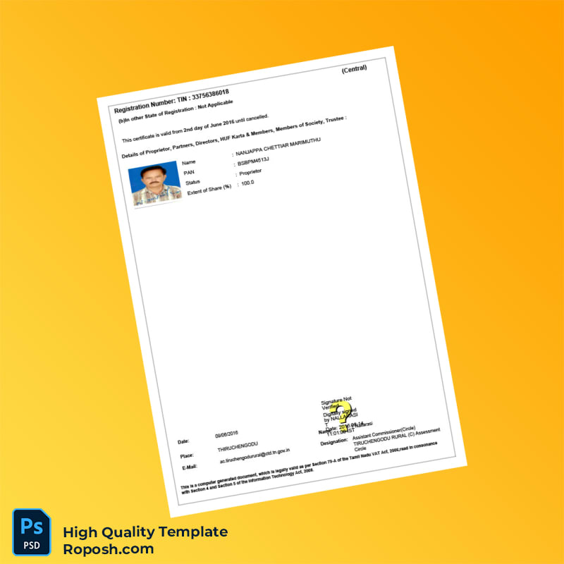 India Central Sales Tax Registration Certificate Template in Word and PDF formats 2 page India Central Sales Tax Registration Certificate Template in Word and PDF formats 2 page