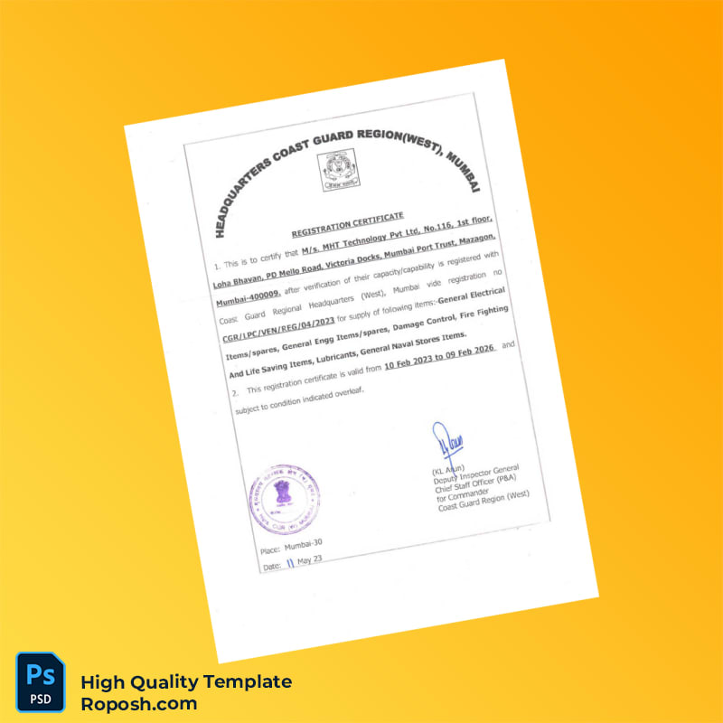 India Coast Guard Registration Certificate Template in Word and PDF formats India Coast Guard Registration Certificate Template in Word and PDF formats