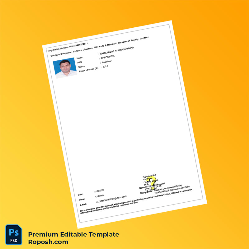 Customizable India Commercial Taxes Department VAT Registration Certificate Editable Word & PDF Template 2 page Customizable India Commercial Taxes Department VAT Registration Certificate Editable Word & PDF Template 2 page