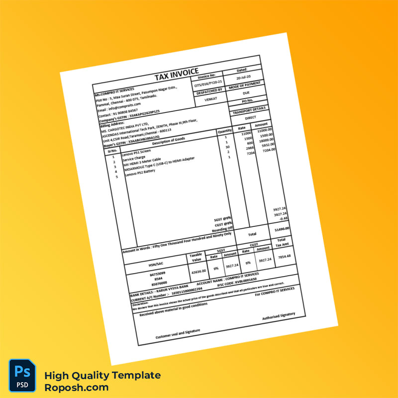 India Compro IT Services Invoice Template in Word and PDF formats India Compro IT Services Invoice Template in Word and PDF formats
