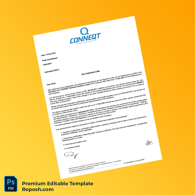 Customizable India Conneqt Business Solutions Employment Verification Letter Word & PDF Template 5 page Customizable India Conneqt Business Solutions Employment Verification Letter Word & PDF Template 5 page