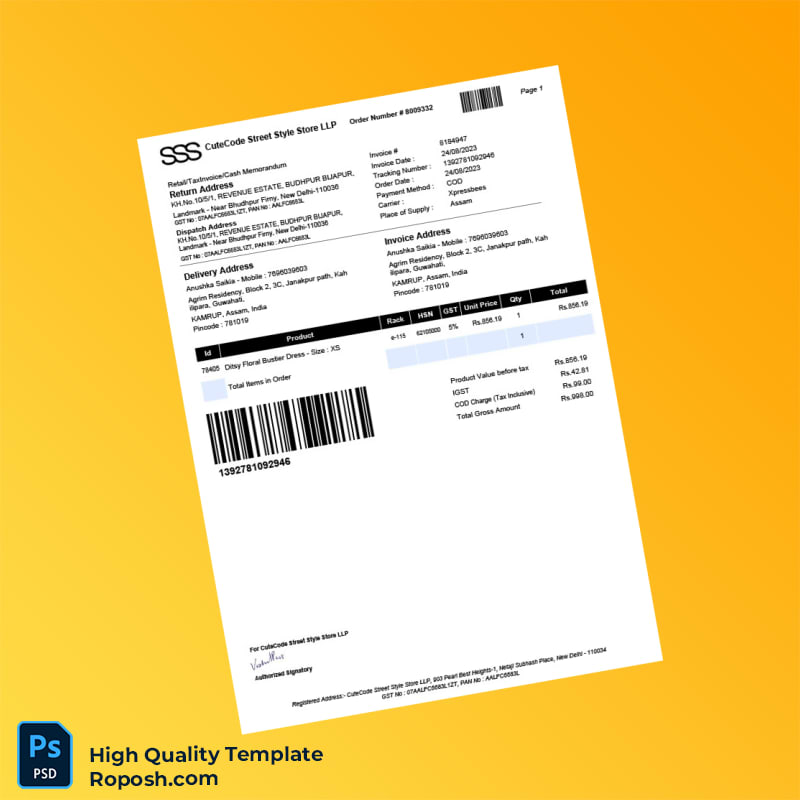 India CuteCode Street Style Store LLP Invoice Template in Word and PDF formats India CuteCode Street Style Store LLP Invoice Template in Word and PDF formats