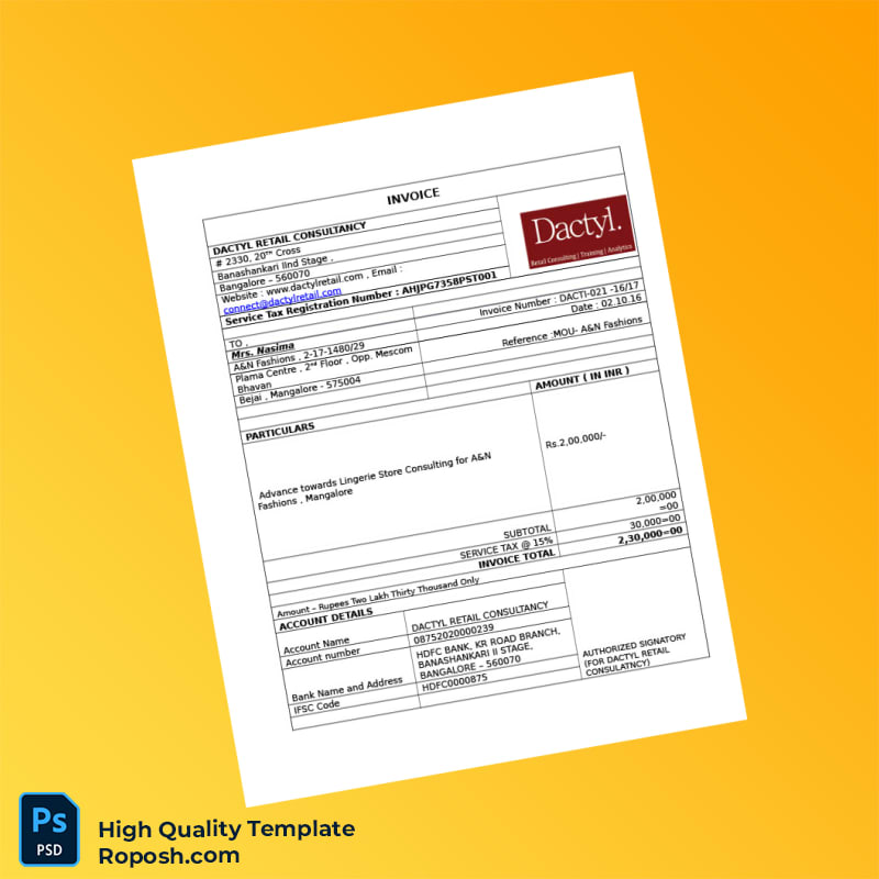 India Dactyl Retail Consultancy Invoice Template in Word and PDF formats 2 page India Dactyl Retail Consultancy Invoice Template in Word and PDF formats 2 page