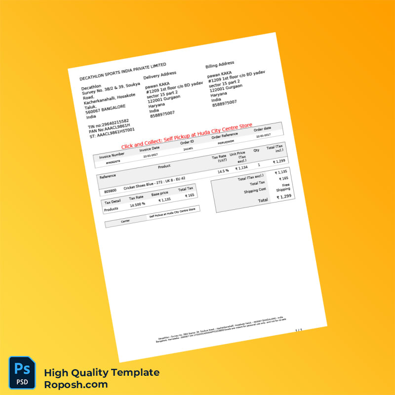 India Decathlon Sports India Private Limited Invoice Template in Word and PDF formats India Decathlon Sports India Private Limited Invoice Template in Word and PDF formats