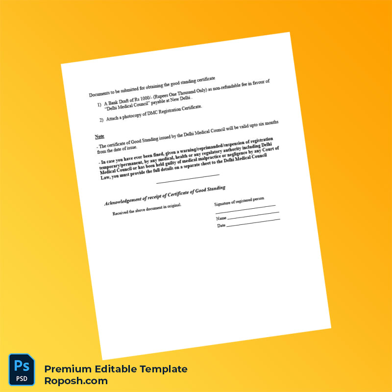 India Delhi Medical Council Certificate of Good Standing Application Form Editable Word & PDF Template 2 page India Delhi Medical Council Certificate of Good Standing Application Form Editable Word & PDF Template 2 page