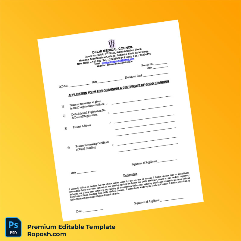 India Delhi Medical Council Certificate of Good Standing Application Form Editable Word & PDF Template 2 page India Delhi Medical Council Certificate of Good Standing Application Form Editable Word & PDF Template 2 page