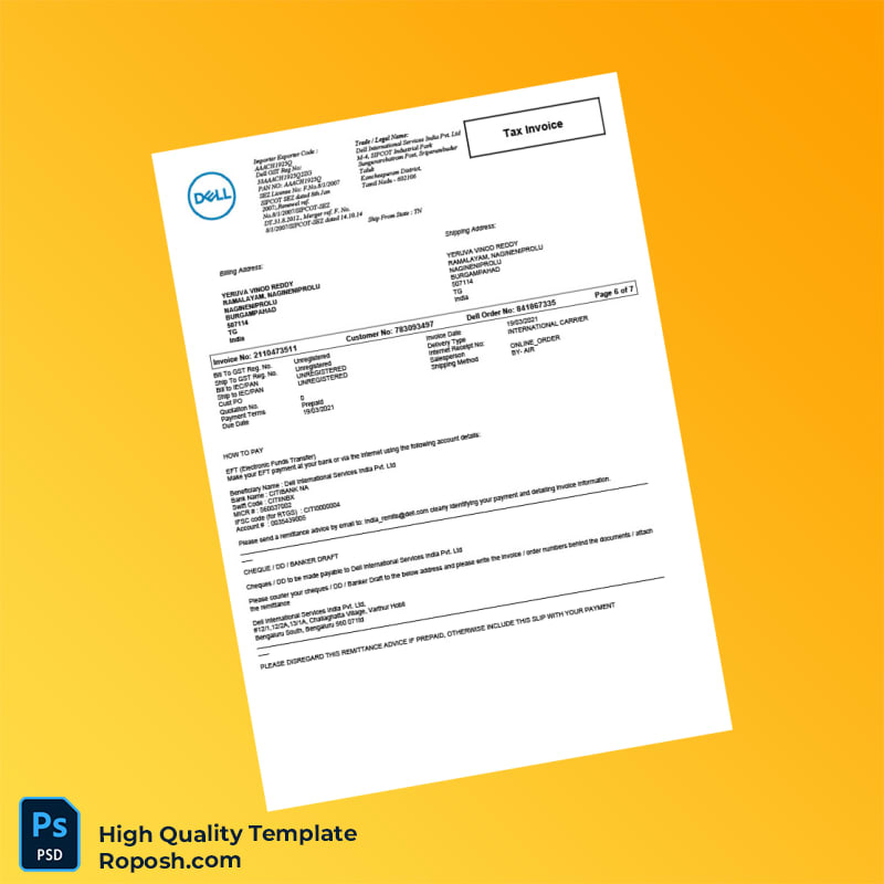India Dell International Services Invoice Template in Word and PDF formats 7 page India Dell International Services Invoice Template in Word and PDF formats 7 page