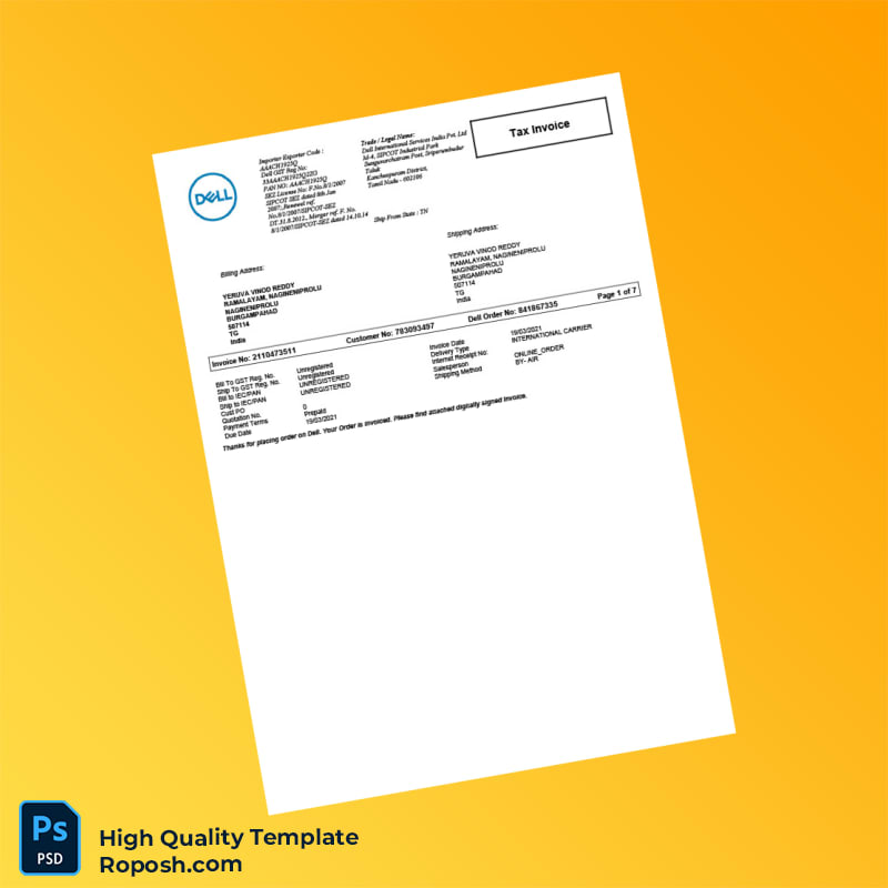 India Dell International Services Invoice Template in Word and PDF formats 7 page India Dell International Services Invoice Template in Word and PDF formats 7 page