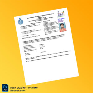 India Department of Food and Drug Administration FSSAI Registration Certificate Template in Word and PDF formats