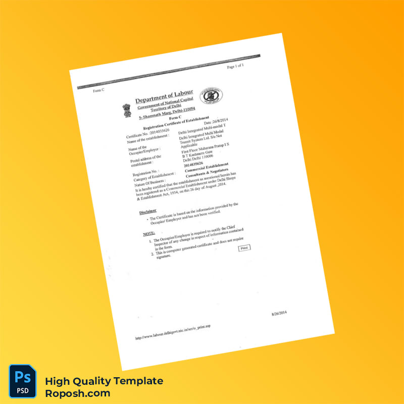 India Department of Labour Registration Certificate Template in Word and PDF formats India Department of Labour Registration Certificate Template in Word and PDF formats