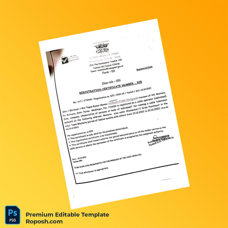 Customizable India Department of Post Cable Registration Certificate Editable Word & PDF Template Customizable India Department of Post Cable Registration Certificate Editable Word & PDF Template