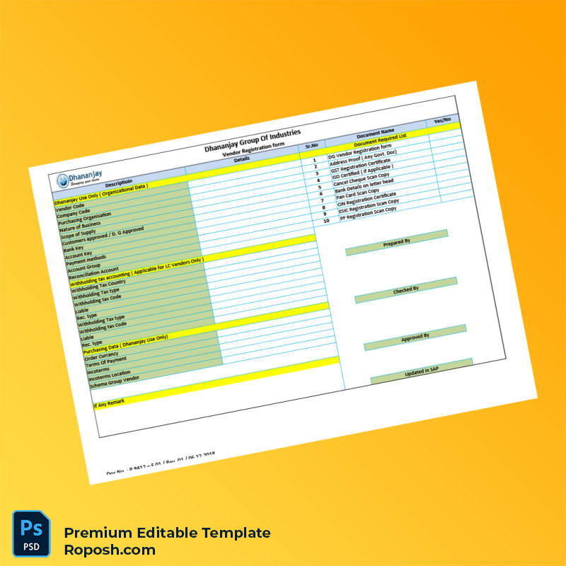 Customizable India Dhananjay Group Vendor Registration Form Editable Word & PDF Template 3 page Customizable India Dhananjay Group Vendor Registration Form Editable Word & PDF Template 3 page