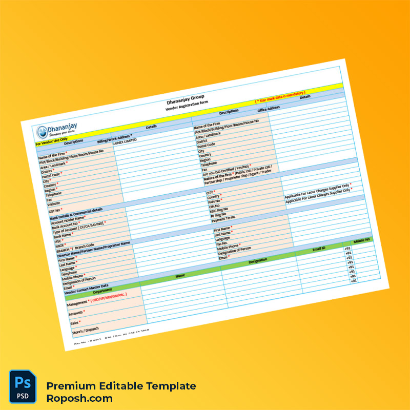 Customizable India Dhananjay Group Vendor Registration Form Editable Word & PDF Template 3 page Customizable India Dhananjay Group Vendor Registration Form Editable Word & PDF Template 3 page