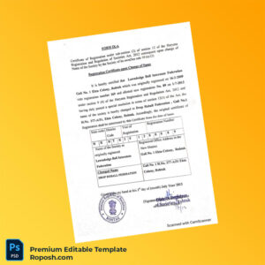 India District Registrar of Societies Registration Certificate Editable Word & PDF Template