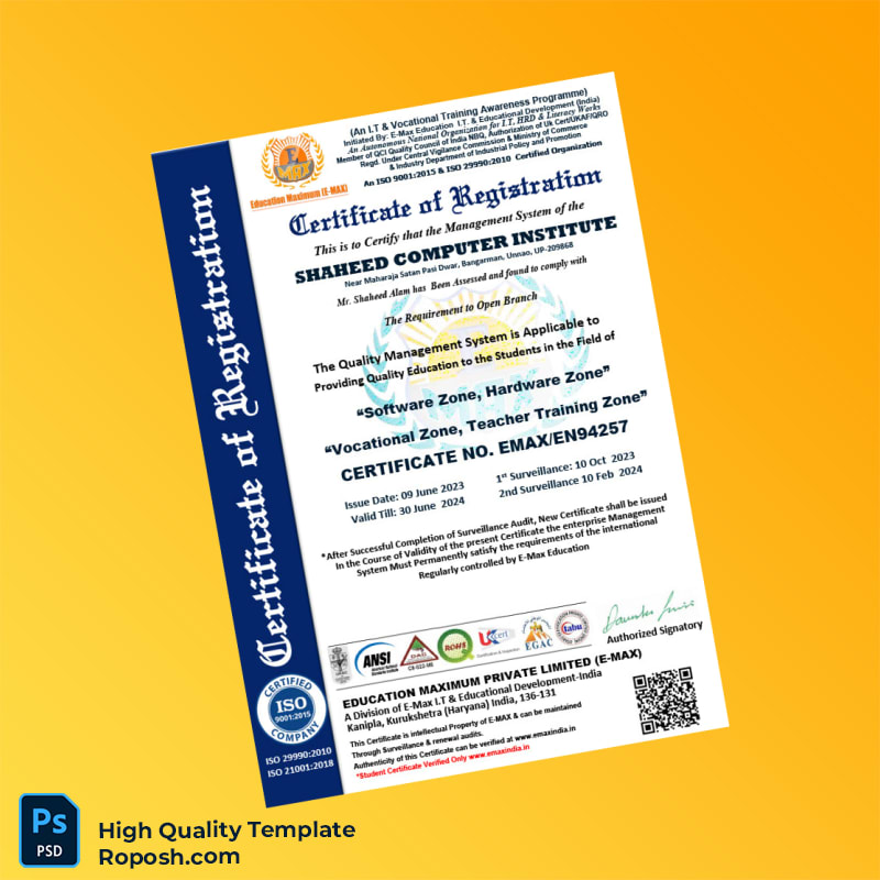 India E-Max Education I T Educational Development Certificate of Registration Template in Word and PDF formats India E-Max Education I T Educational Development Certificate of Registration Template in Word and PDF formats