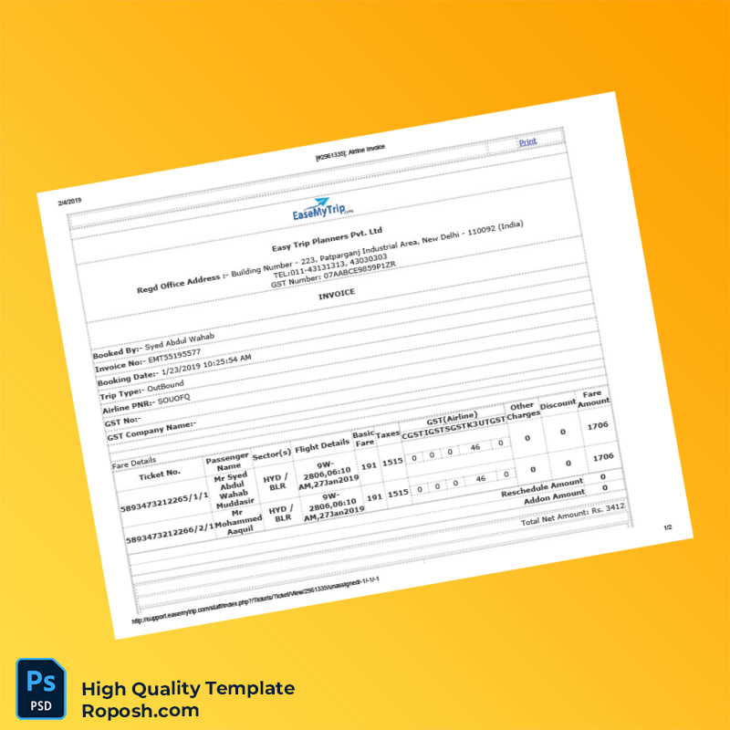 India Easy Trip Planners Invoice Template in Word and PDF formats 2 page India Easy Trip Planners Invoice Template in Word and PDF formats 2 page
