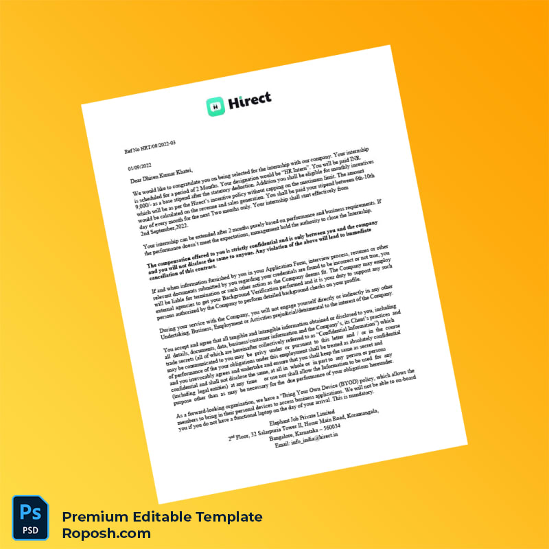 Customizable India Elephant Job Private Limited Internship Letter Word & PDF Template 2 page Customizable India Elephant Job Private Limited Internship Letter Word & PDF Template 2 page